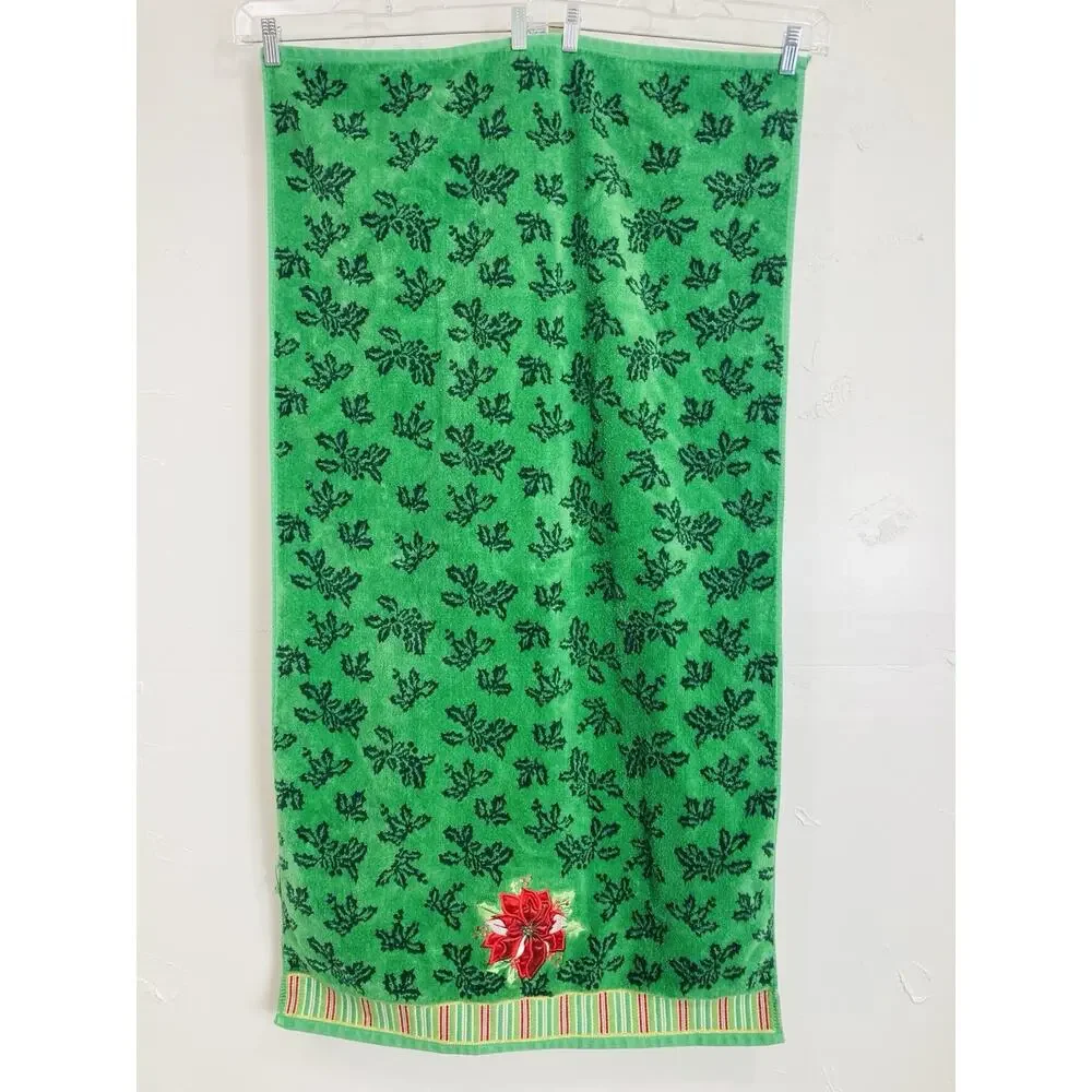 Christmas Towel Set Poinsettia Holly Embroidered Green Bath Body Hand Washcloth